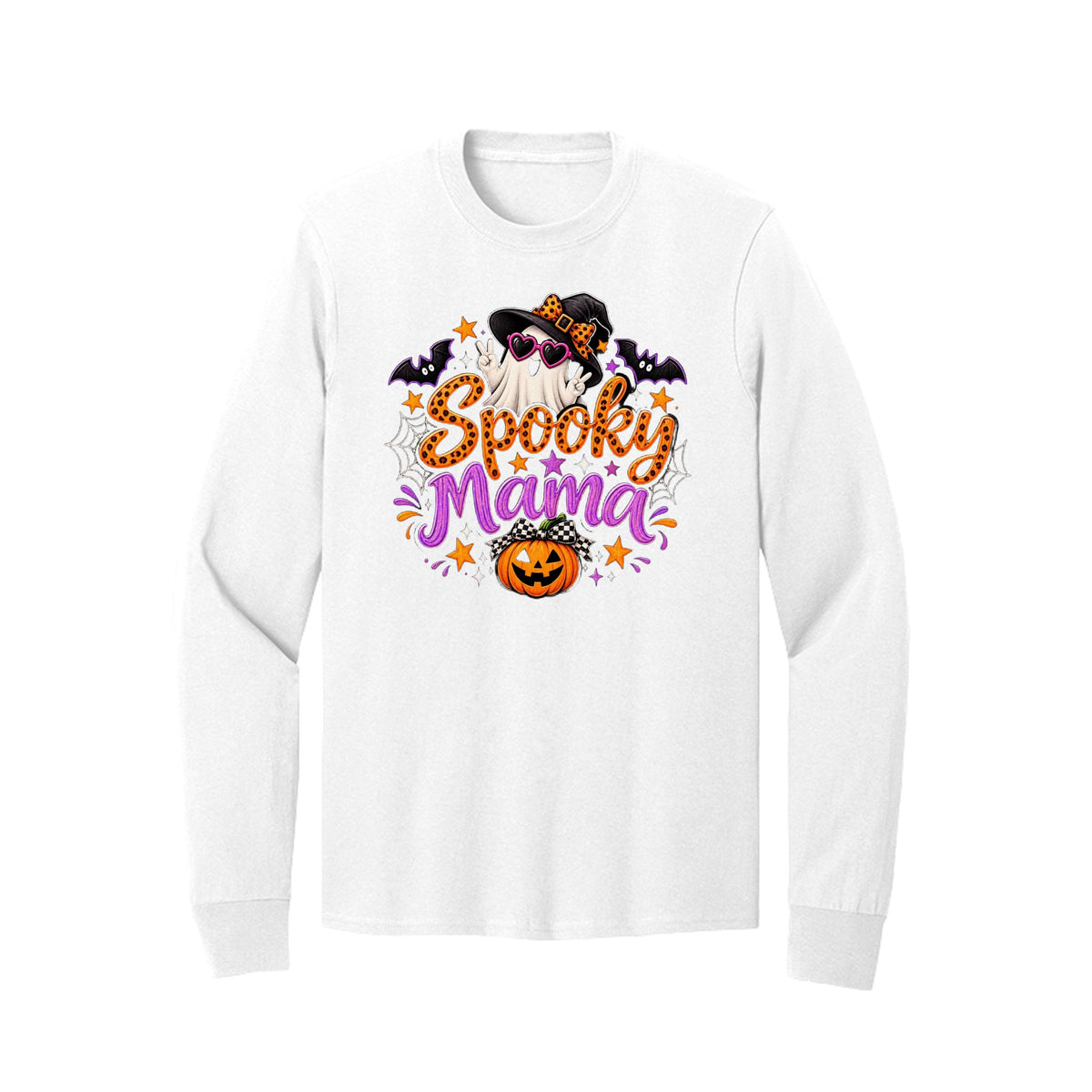 Front view of a white crewneck sweatshirt with orange and purple Spooky Mama lettering with a ghost, witch hat, bats, and pumpkin.