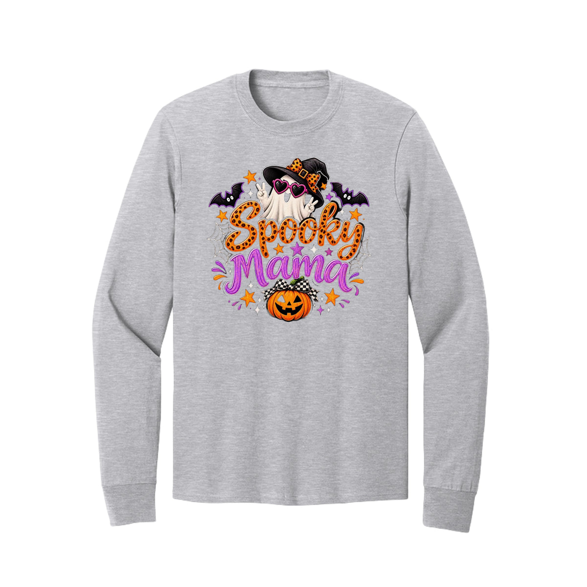 Front view of a gray crewneck sweatshirt with orange and purple Spooky Mama lettering with a ghost, witch hat, bats, and pumpkin.