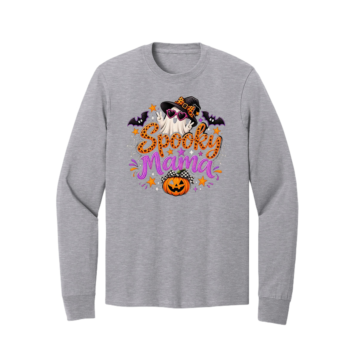 Front view of a gray crewneck sweatshirt with orange and purple Spooky Mama lettering with a ghost, witch hat, bats, and pumpkin.