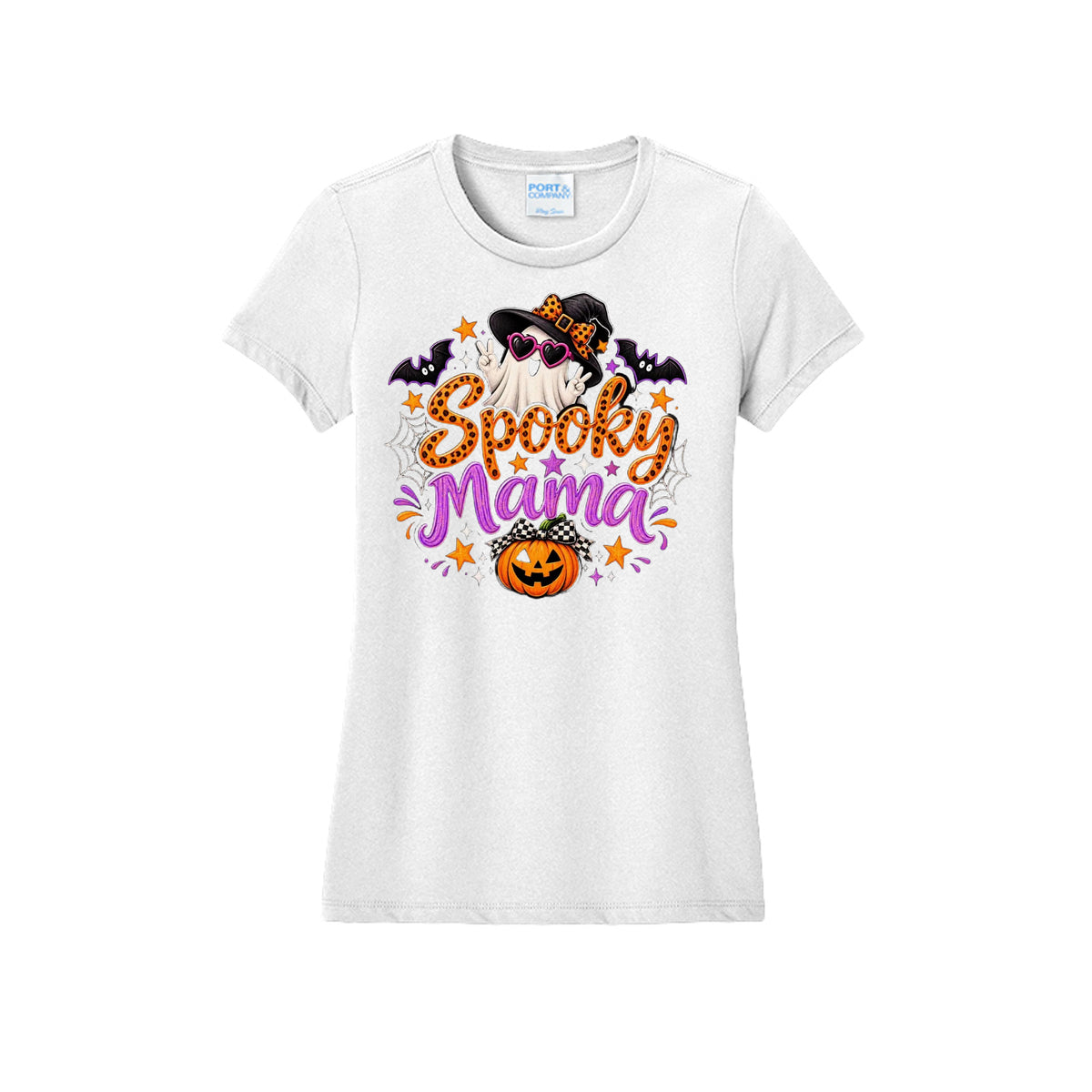Front view of a white fitted short-sleeve T-shirt with orange and purple Spooky Mama lettering with a ghost, witch hat, bats, and pumpkin.
