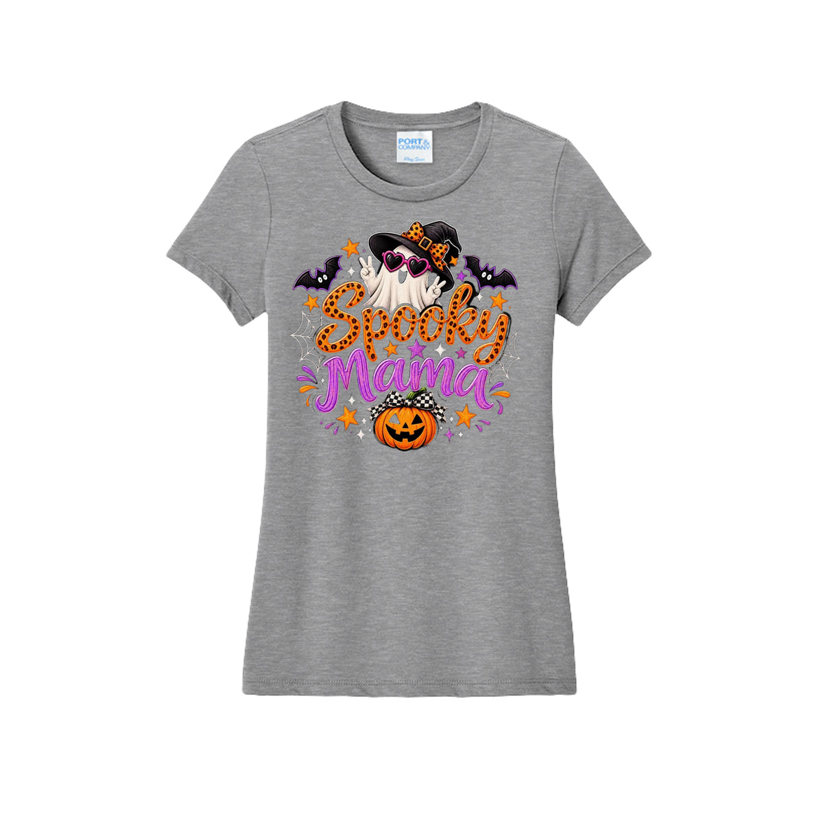 Front view of a gray fitted short-sleeve T-shirt with orange and purple Spooky Mama lettering with a ghost, witch hat, bats, and pumpkin.
