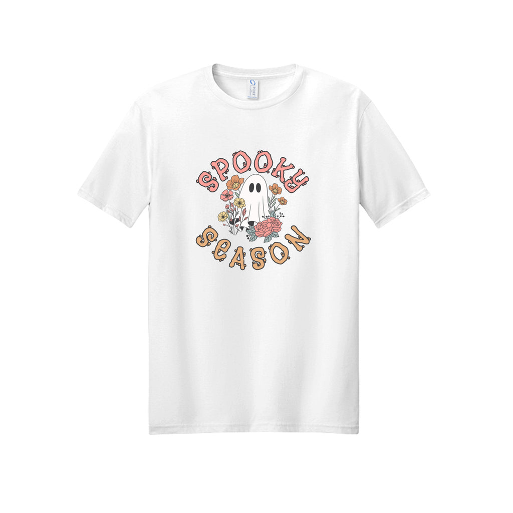 Front view of a white short-sleeve T-shirt showing Spooky Season lettering around a white ghost surrounded by pink, orange, and yellow flowers.