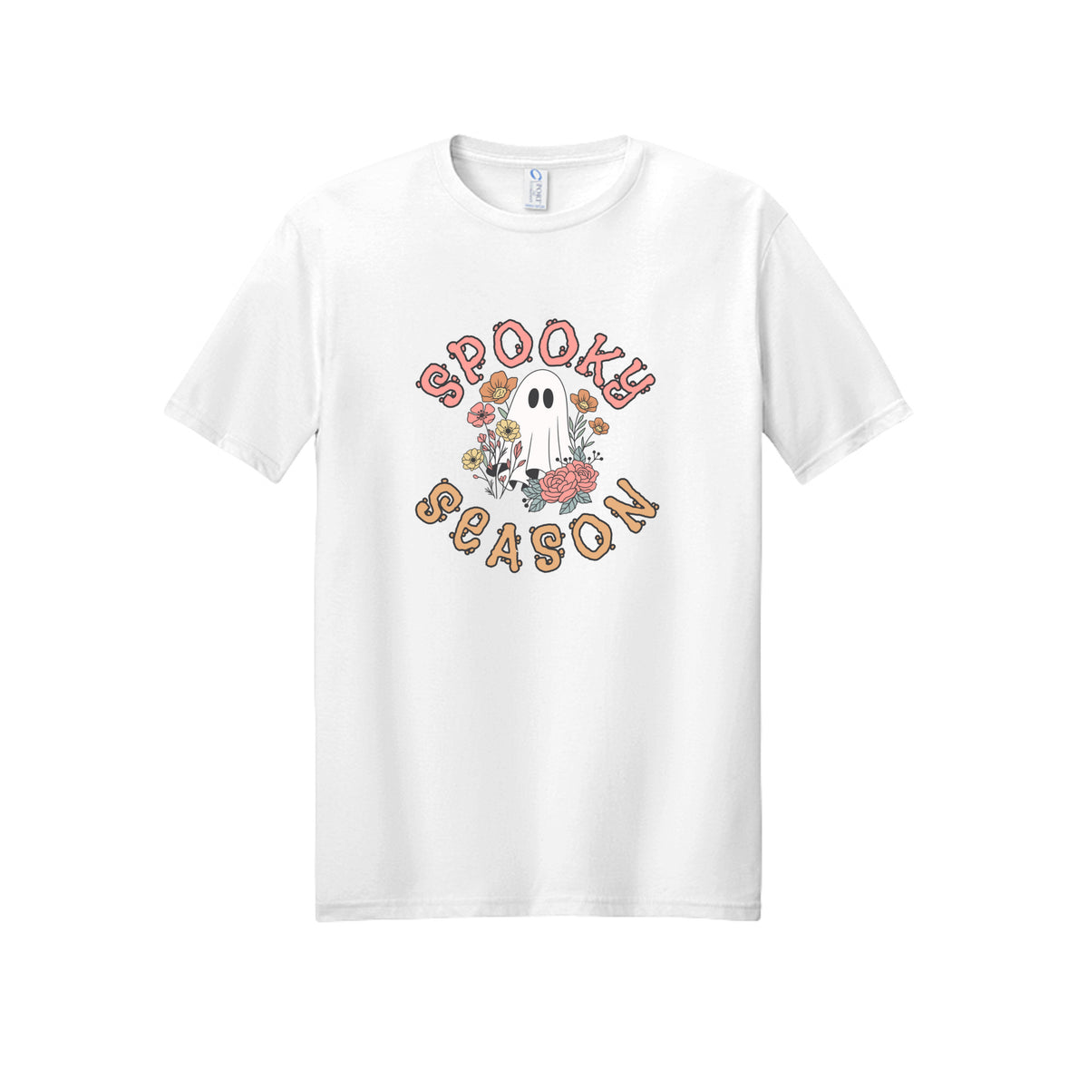 Front view of a white short-sleeve T-shirt showing Spooky Season lettering around a white ghost surrounded by pink, orange, and yellow flowers.