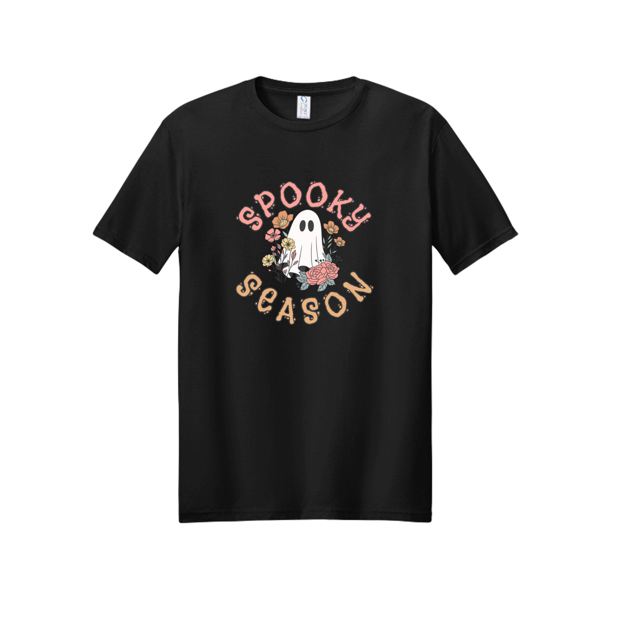 Front view of a black short-sleeve T-shirt showing Spooky Season lettering around a white ghost surrounded by pink, orange, and yellow flowers.