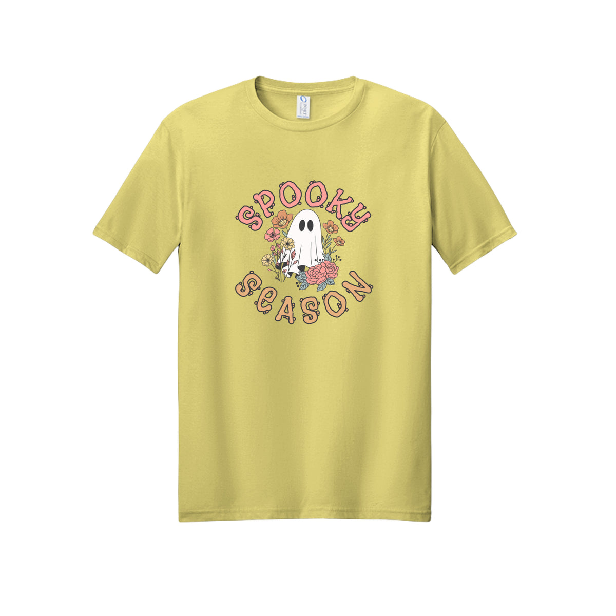 Front view of a yellow short-sleeve T-shirt showing Spooky Season lettering around a white ghost surrounded by pink, orange, and yellow flowers.