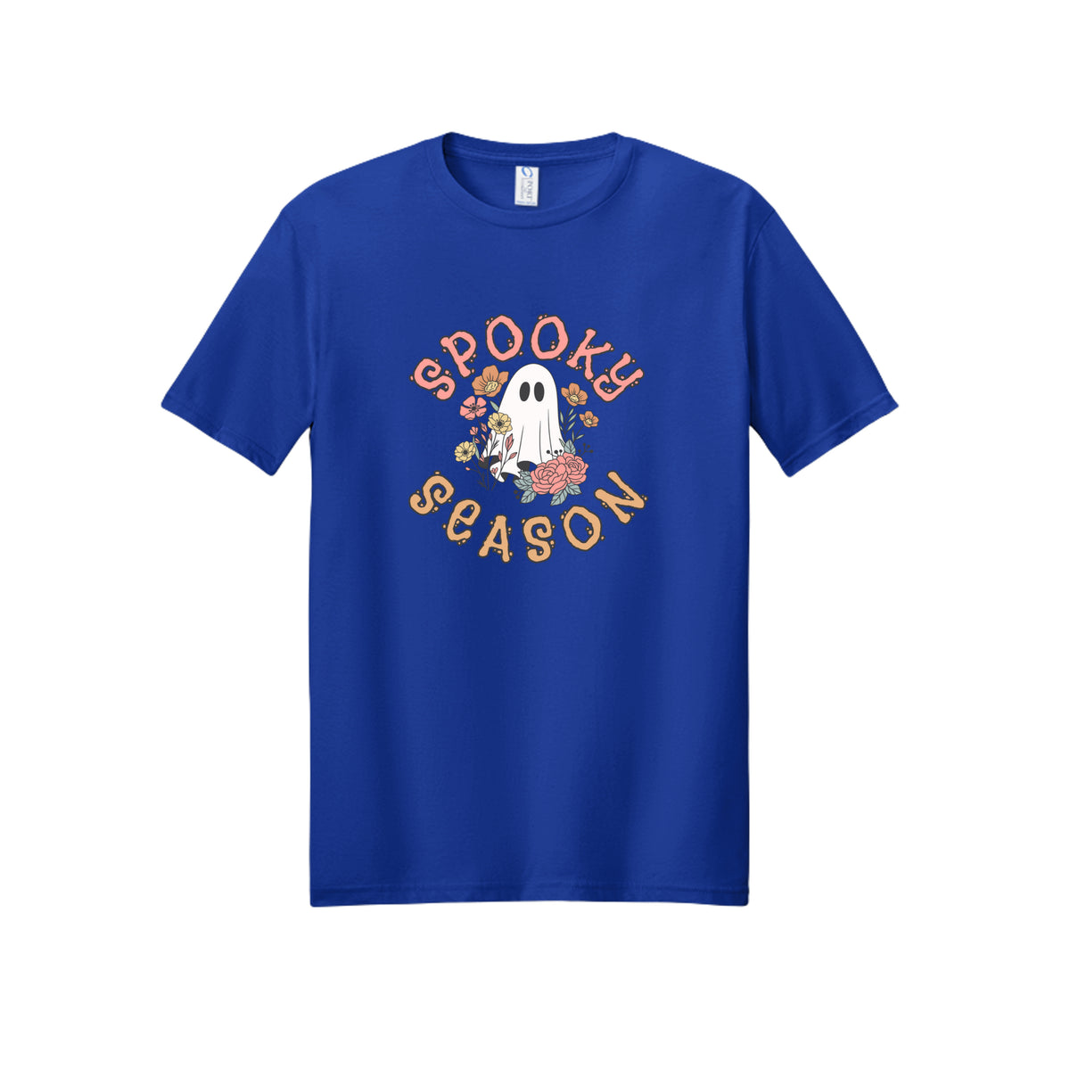 Front view of a blue short-sleeve T-shirt showing Spooky Season lettering around a white ghost surrounded by pink, orange, and yellow flowers.