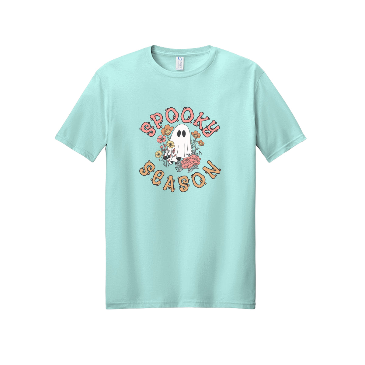 Front view of a mint short-sleeve T-shirt showing Spooky Season lettering around a white ghost surrounded by pink, orange, and yellow flowers.