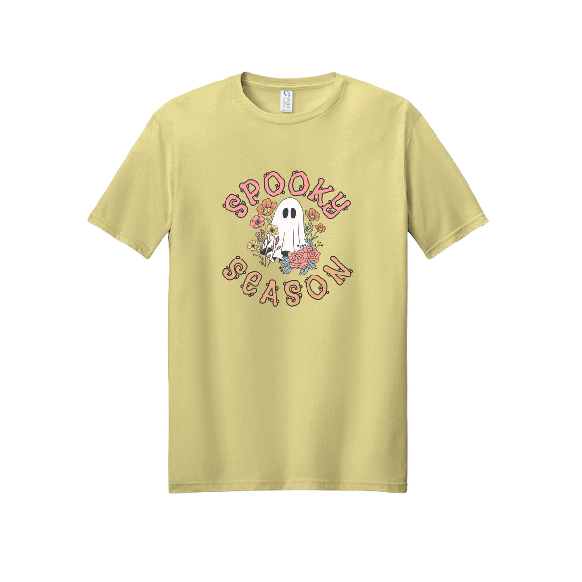 Front view of a short-sleeve T-shirt showing Spooky Season lettering around a white ghost surrounded by pink, orange, and yellow flowers.