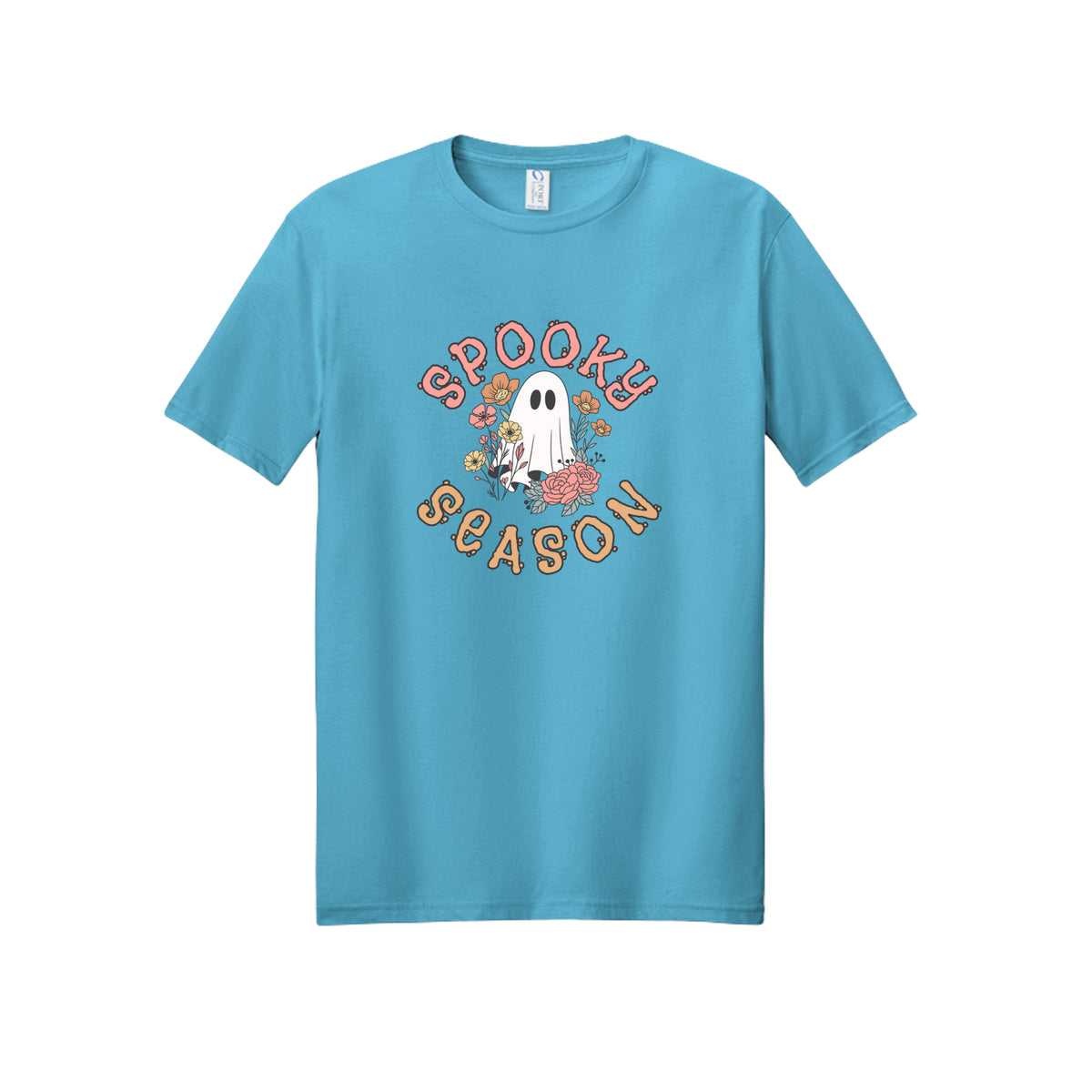 Front view of a blue short-sleeve T-shirt showing Spooky Season lettering around a white ghost surrounded by pink, orange, and yellow flowers.