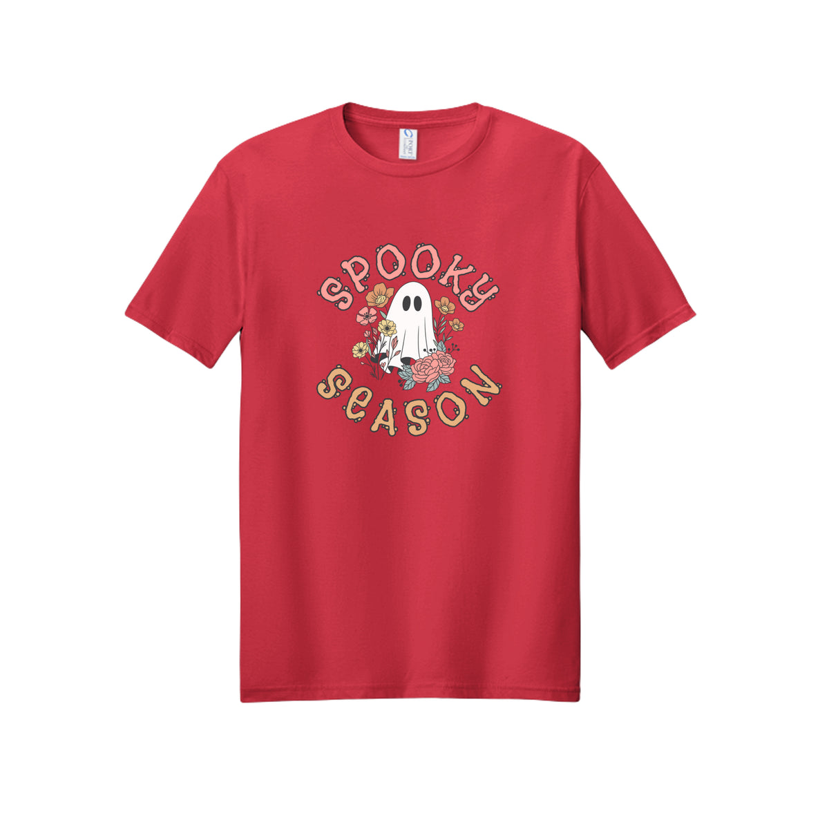 Front view of a red short-sleeve T-shirt showing Spooky Season lettering around a white ghost surrounded by pink, orange, and yellow flowers.