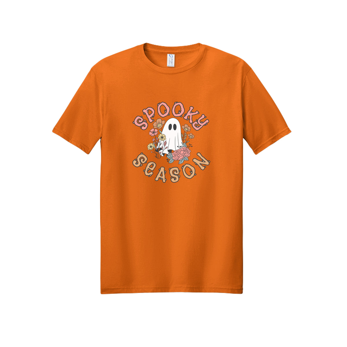 Front view of a orange short-sleeve T-shirt showing Spooky Season lettering around a white ghost surrounded by pink, orange, and yellow flowers.