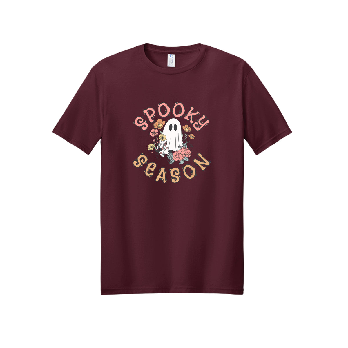 Front view of a burgundy short-sleeve T-shirt showing Spooky Season lettering around a white ghost surrounded by pink, orange, and yellow flowers.
