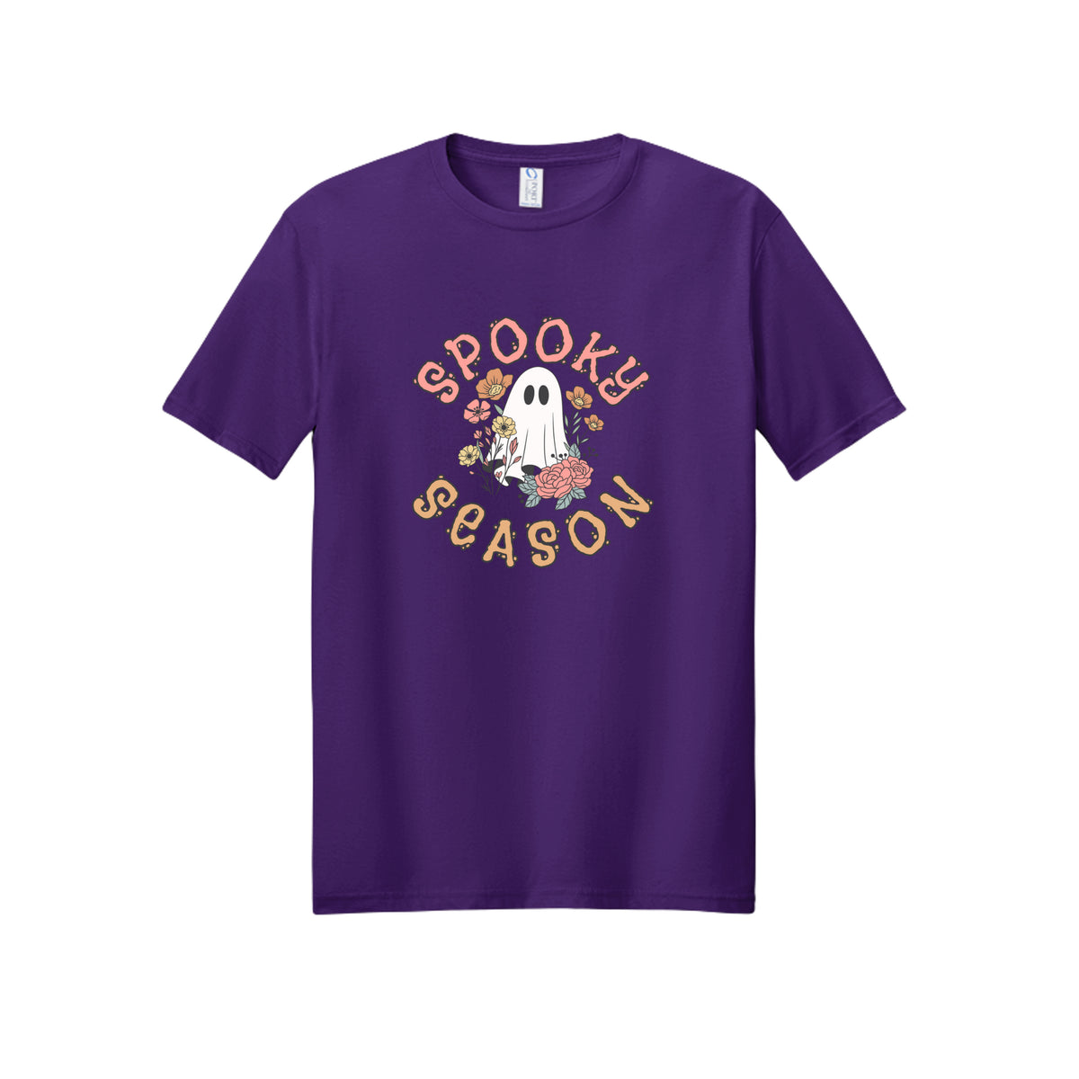 Front view of a purple short-sleeve T-shirt showing Spooky Season lettering around a white ghost surrounded by pink, orange, and yellow flowers.