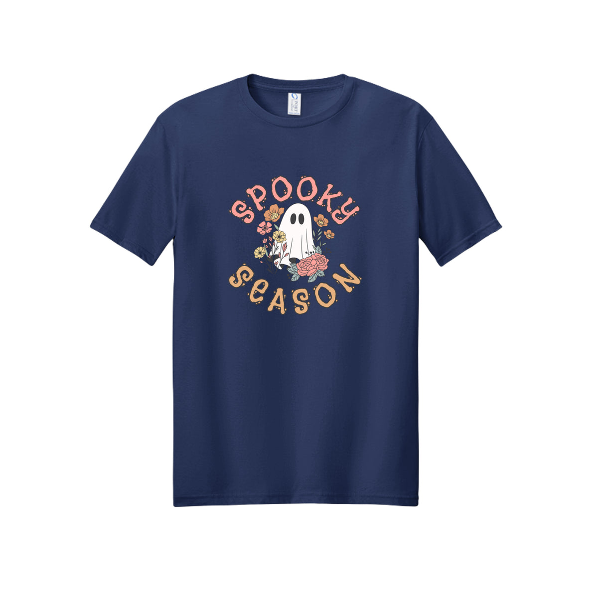 Front view of a navy short-sleeve T-shirt showing Spooky Season lettering around a white ghost surrounded by pink, orange, and yellow flowers.