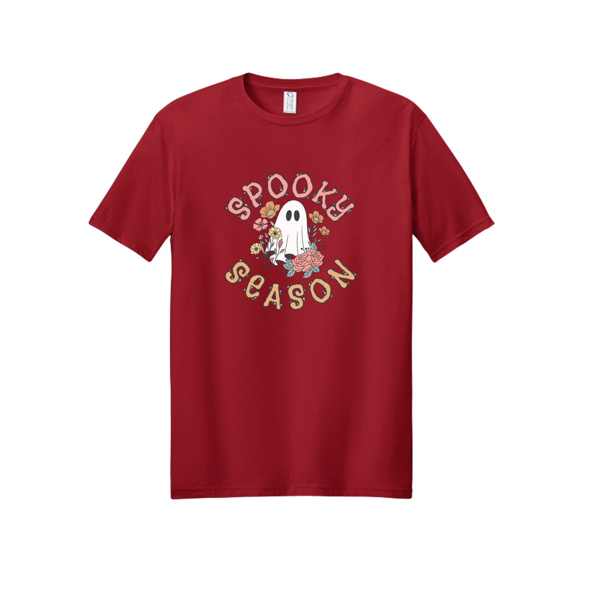 Front view of a red short-sleeve T-shirt showing Spooky Season lettering around a white ghost surrounded by pink, orange, and yellow flowers.