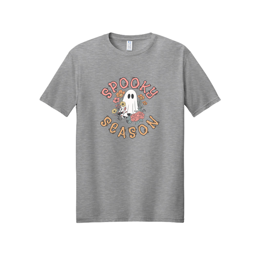 Front view of a gray short-sleeve T-shirt showing Spooky Season lettering around a white ghost surrounded by pink, orange, and yellow flowers.