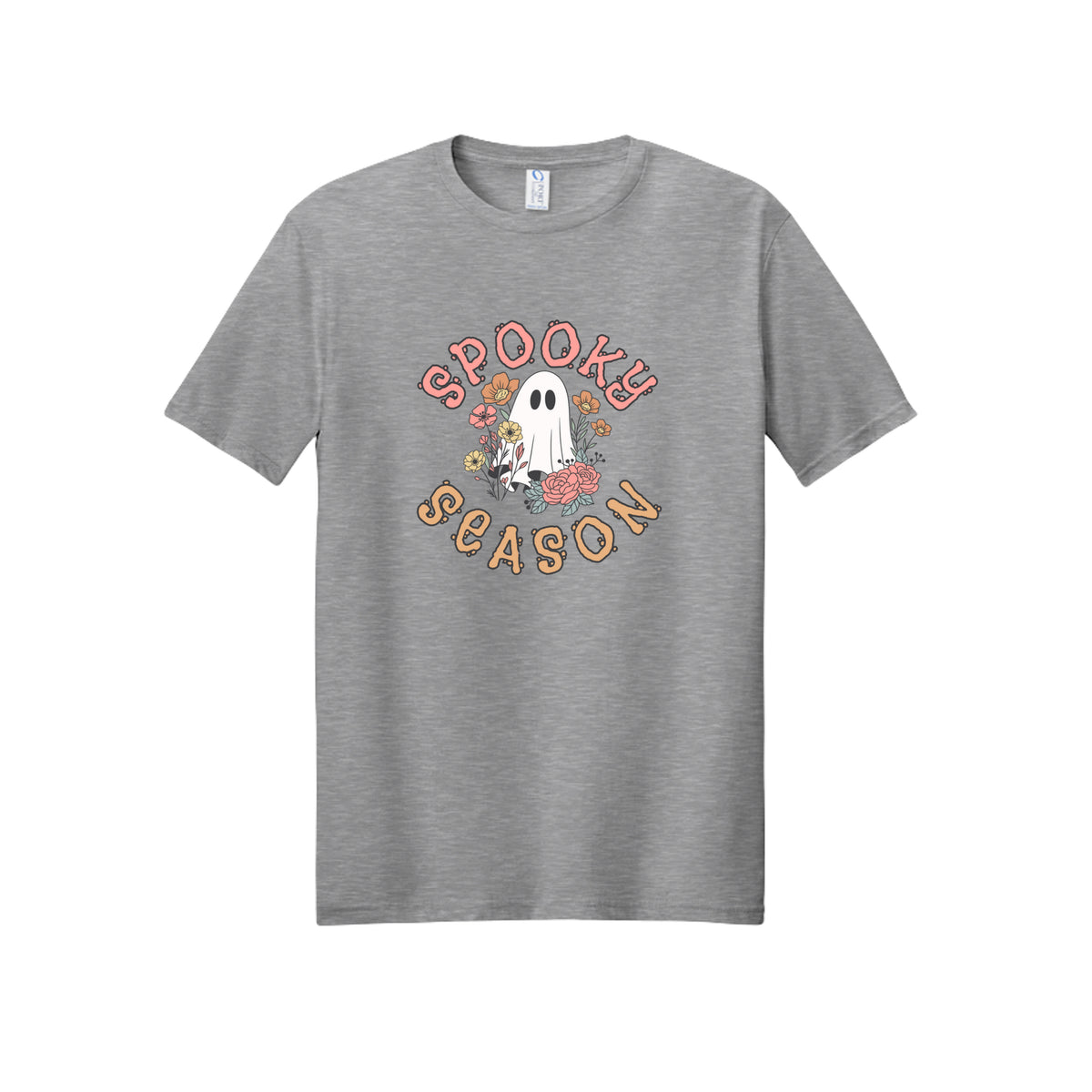 Front view of a gray short-sleeve T-shirt showing Spooky Season lettering around a white ghost surrounded by pink, orange, and yellow flowers.