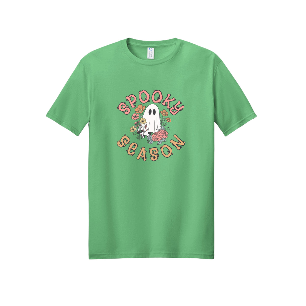 Front view of a green short-sleeve T-shirt showing Spooky Season lettering around a white ghost surrounded by pink, orange, and yellow flowers.