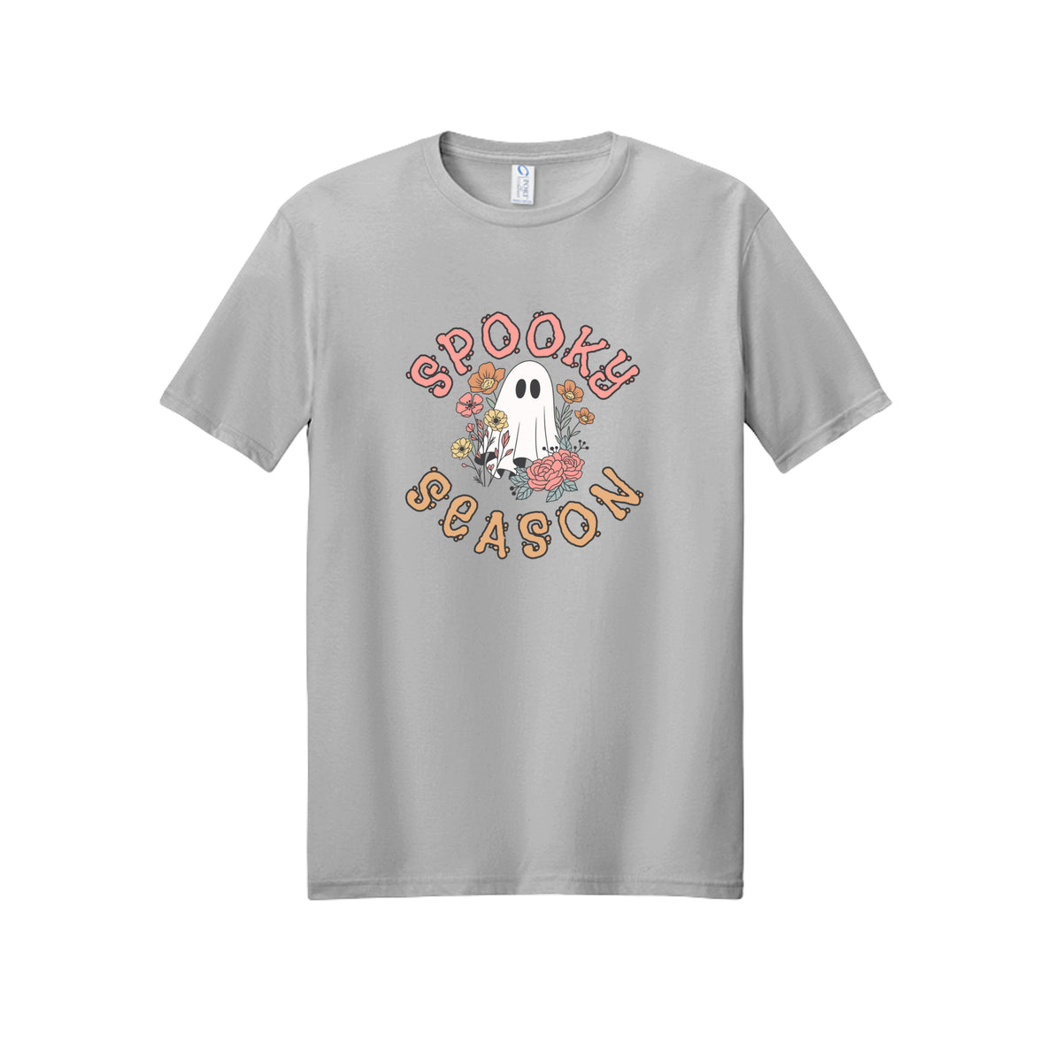 Front view of a short-sleeve T-shirt showing Spooky Season lettering around a white ghost surrounded by pink, orange, and yellow flowers.