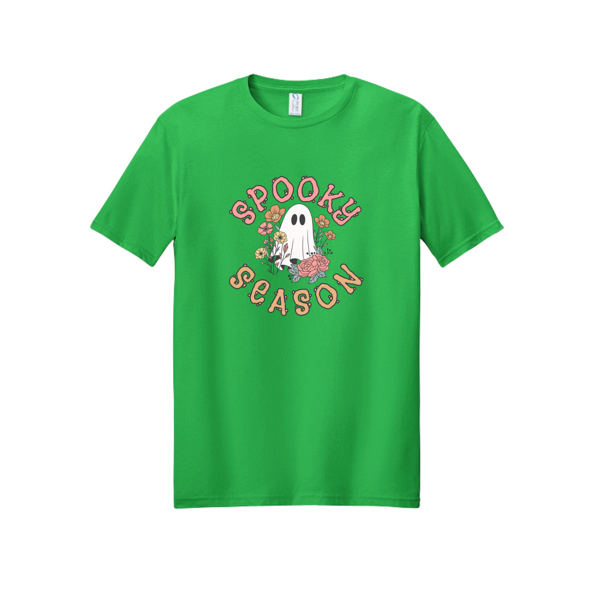 Front view of a green short-sleeve T-shirt showing Spooky Season lettering around a white ghost surrounded by pink, orange, and yellow flowers.