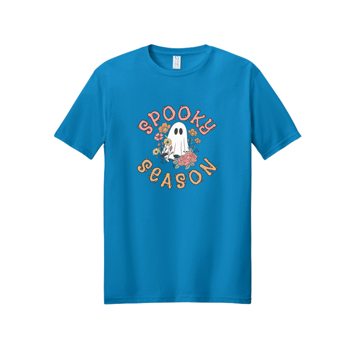 Front view of a blue short-sleeve T-shirt showing Spooky Season lettering around a white ghost surrounded by pink, orange, and yellow flowers.