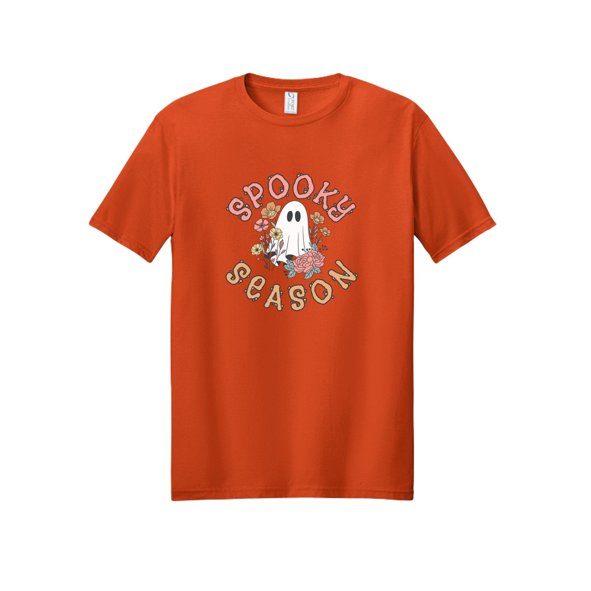 Front view of a orange short-sleeve T-shirt showing Spooky Season lettering around a white ghost surrounded by pink, orange, and yellow flowers.