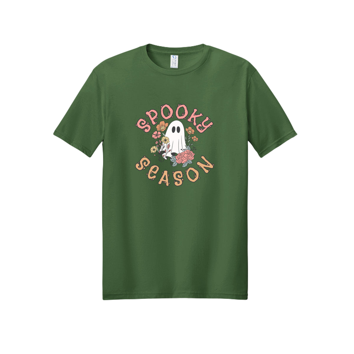 Front view of a green short-sleeve T-shirt showing Spooky Season lettering around a white ghost surrounded by pink, orange, and yellow flowers.
