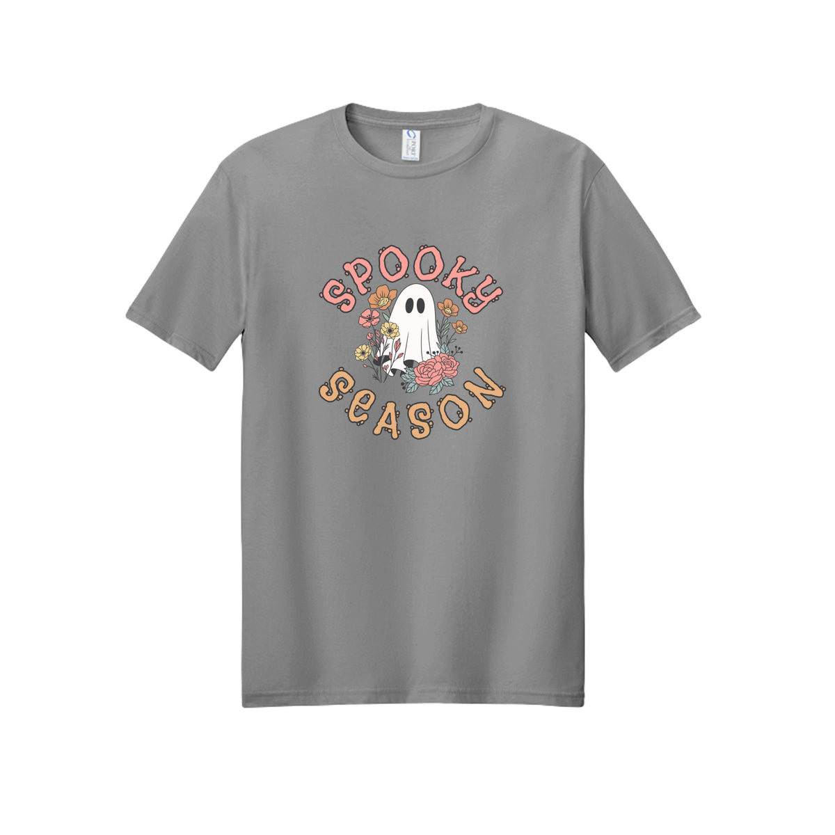 Front view of a short-sleeve T-shirt showing Spooky Season lettering around a white ghost surrounded by pink, orange, and yellow flowers.