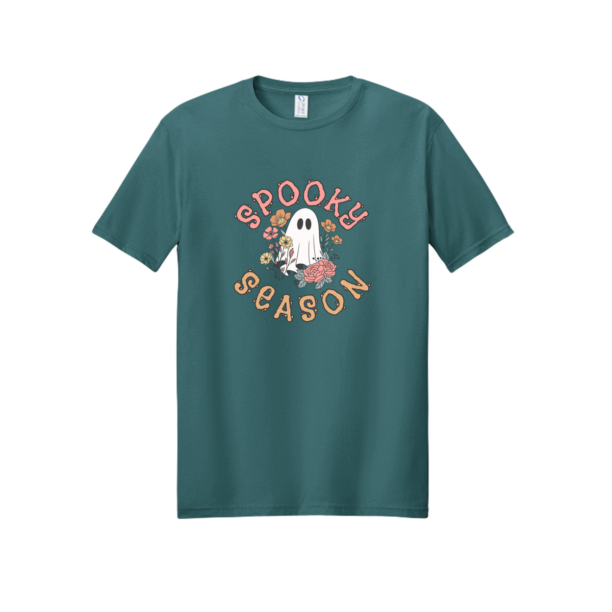 Front view of a teal short-sleeve T-shirt showing Spooky Season lettering around a white ghost surrounded by pink, orange, and yellow flowers.