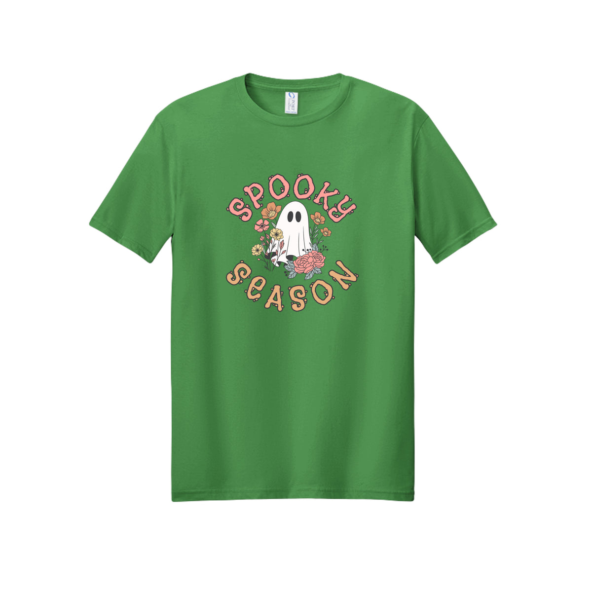 Front view of a green short-sleeve T-shirt showing Spooky Season lettering around a white ghost surrounded by pink, orange, and yellow flowers.