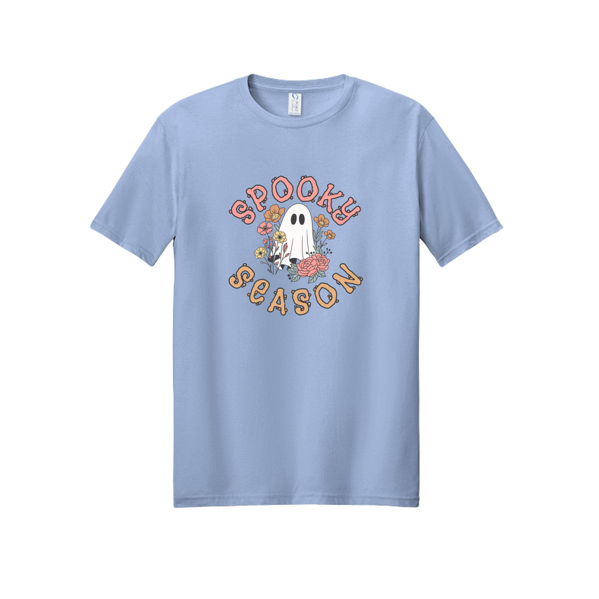 Front view of a light blue short-sleeve T-shirt showing Spooky Season lettering around a white ghost surrounded by pink, orange, and yellow flowers.