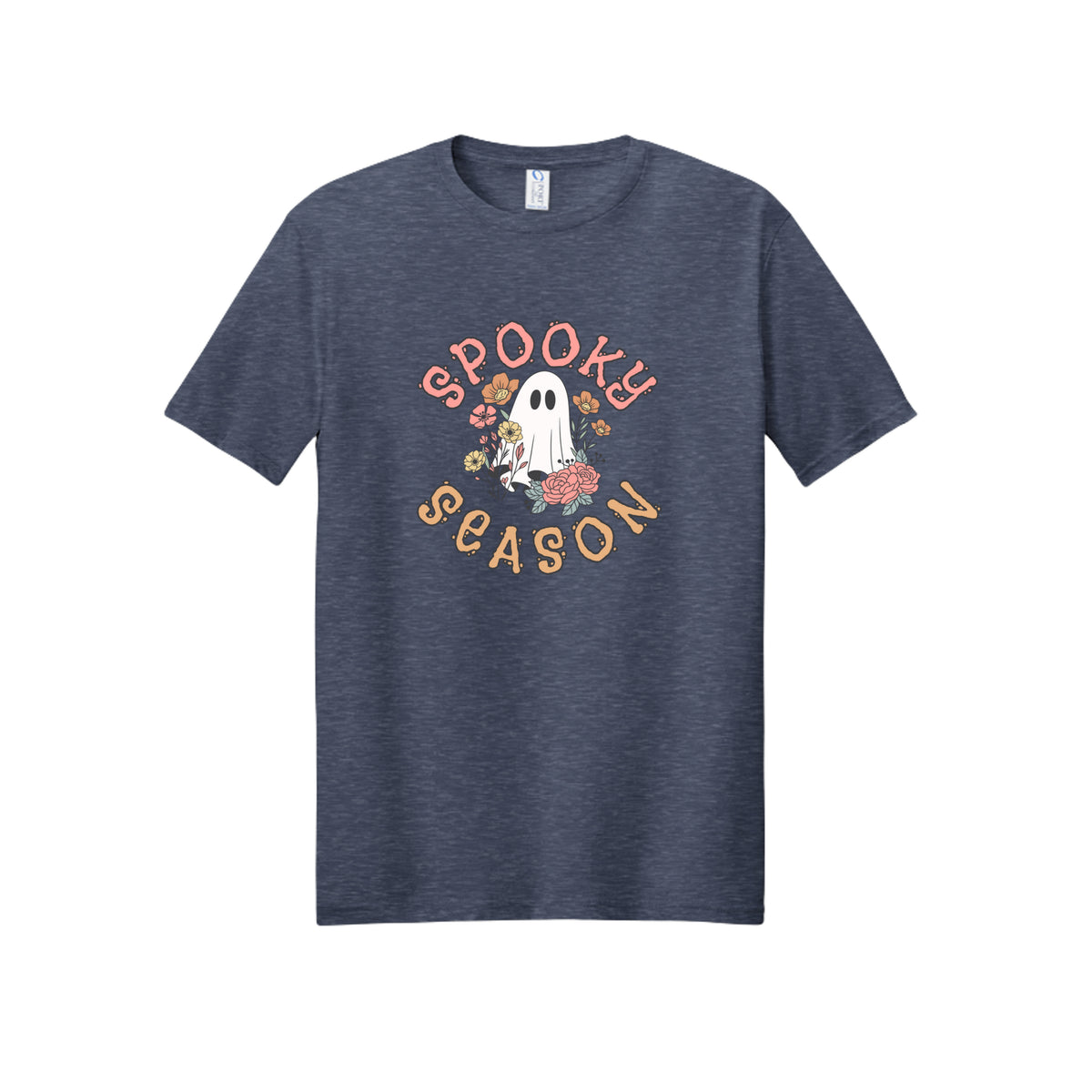 Front view of a gray short-sleeve T-shirt showing Spooky Season lettering around a white ghost surrounded by pink, orange, and yellow flowers.