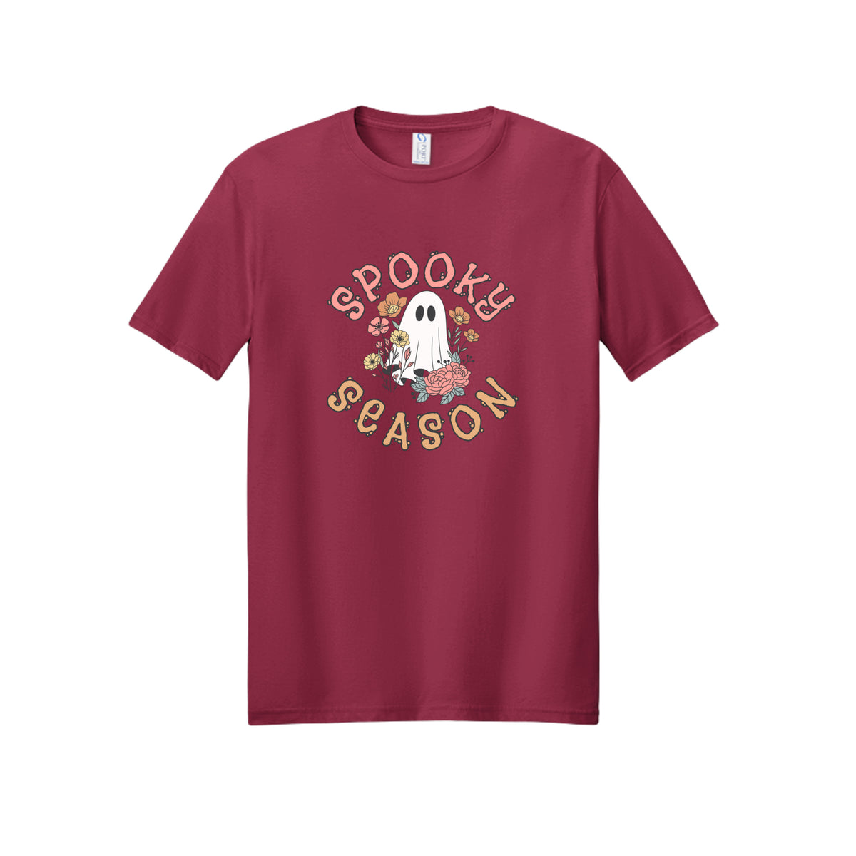 Front view of a burgundy short-sleeve T-shirt showing Spooky Season lettering around a white ghost surrounded by pink, orange, and yellow flowers.
