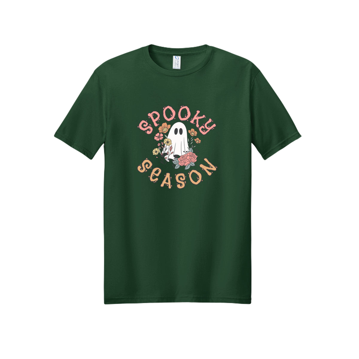 Front view of a green short-sleeve T-shirt showing Spooky Season lettering around a white ghost surrounded by pink, orange, and yellow flowers.