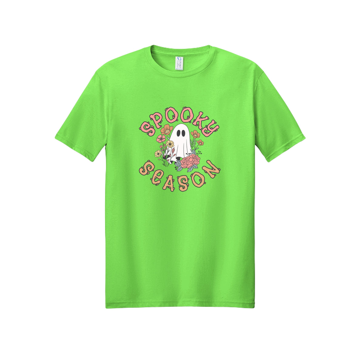 Front view of a short-sleeve T-shirt showing Spooky Season lettering around a white ghost surrounded by pink, orange, and yellow flowers.