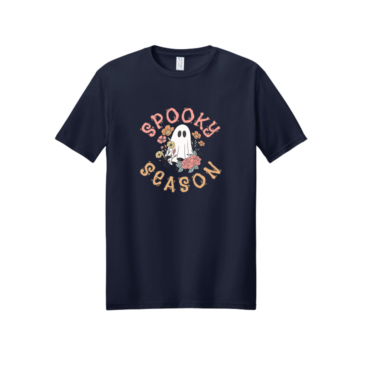 Front view of a navy short-sleeve T-shirt showing Spooky Season lettering around a white ghost surrounded by pink, orange, and yellow flowers.