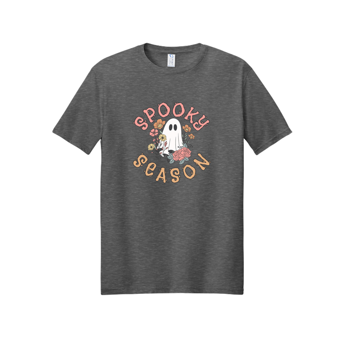 Front view of a gray short-sleeve T-shirt showing Spooky Season lettering around a white ghost surrounded by pink, orange, and yellow flowers.
