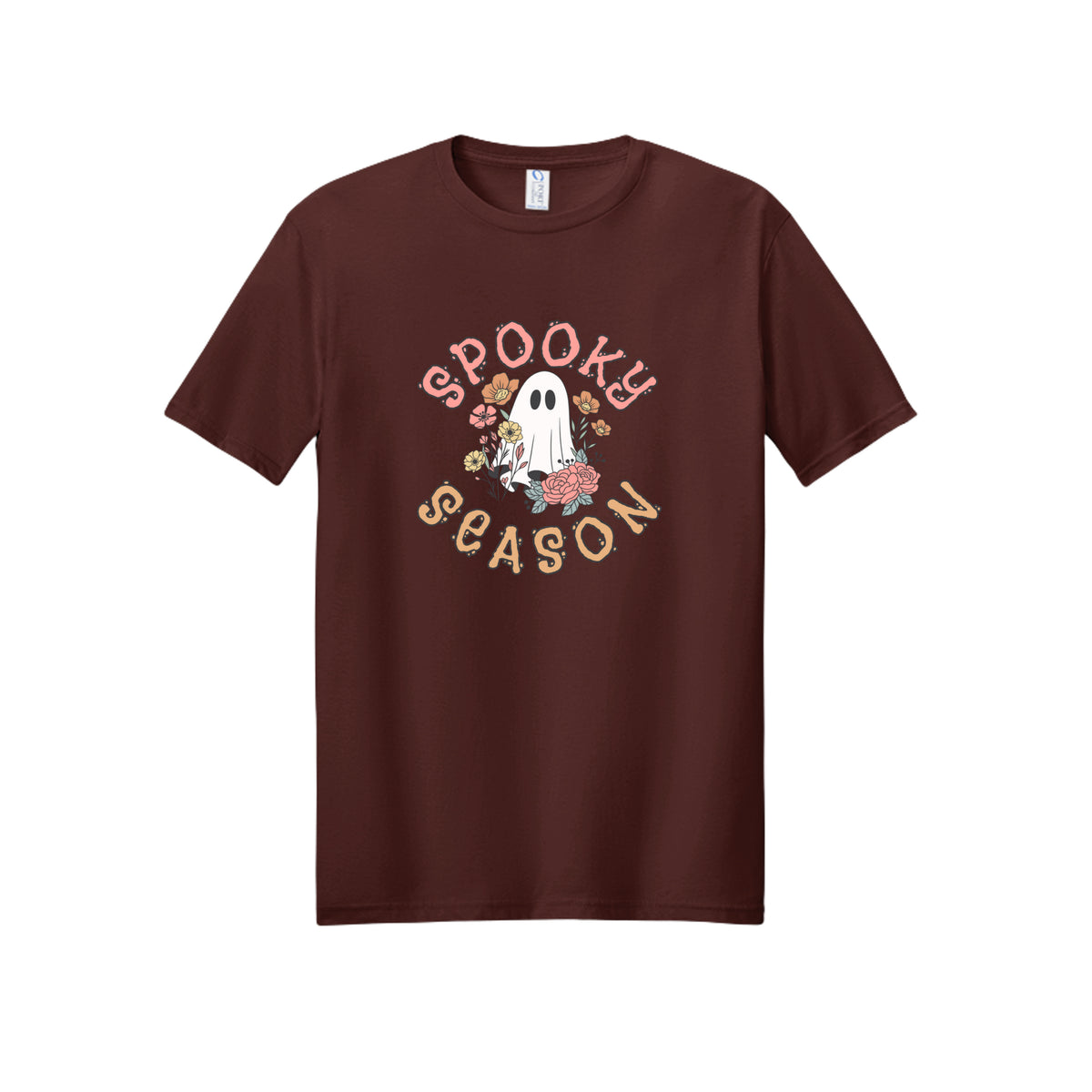 Front view of a brown short-sleeve T-shirt showing Spooky Season lettering around a white ghost surrounded by pink, orange, and yellow flowers.