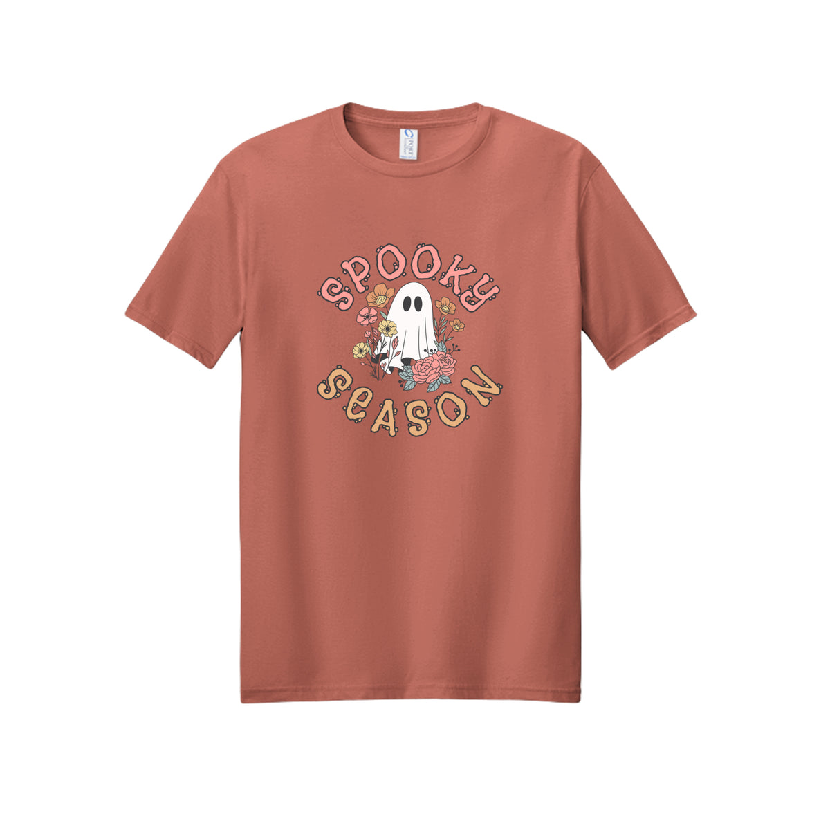 Front view of a dusty rose short-sleeve T-shirt showing Spooky Season lettering around a white ghost surrounded by pink, orange, and yellow flowers.