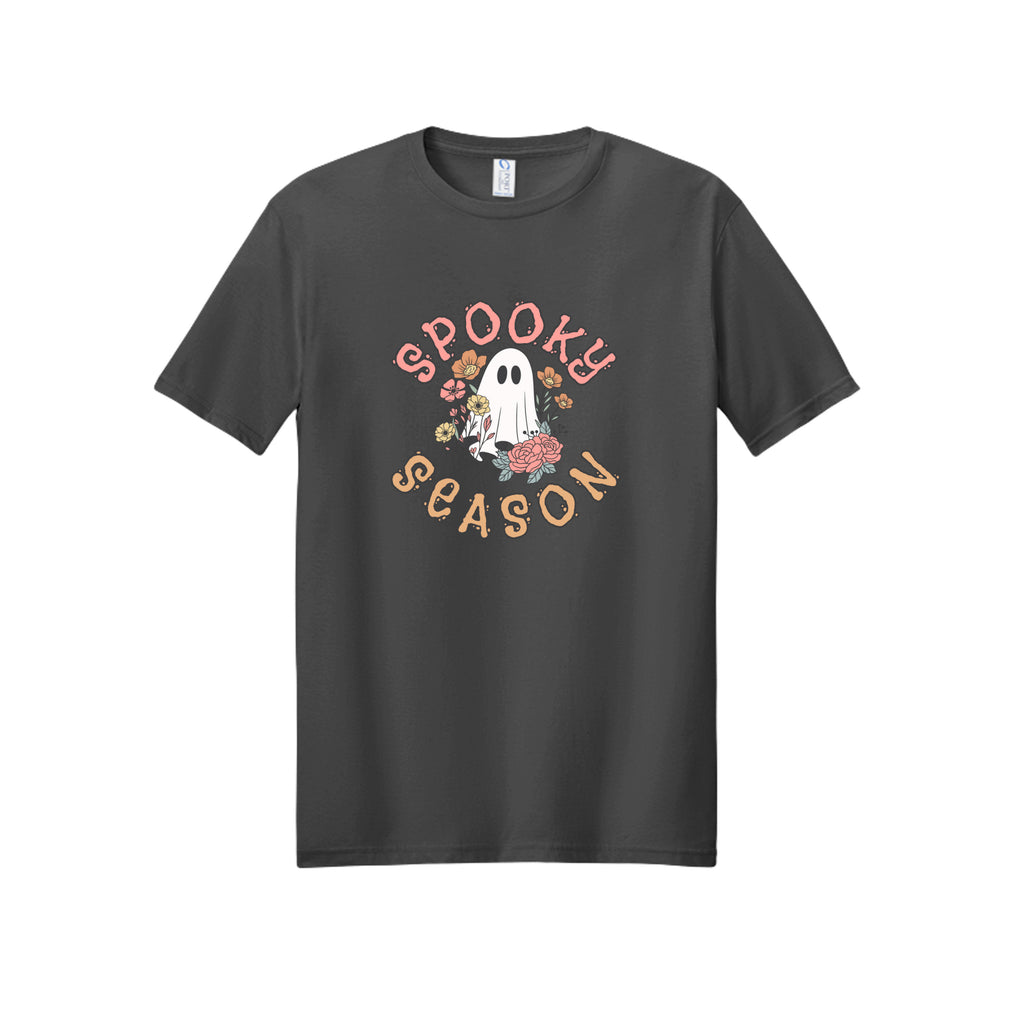 Front view of a gray short-sleeve T-shirt showing Spooky Season lettering around a white ghost surrounded by pink, orange, and yellow flowers.