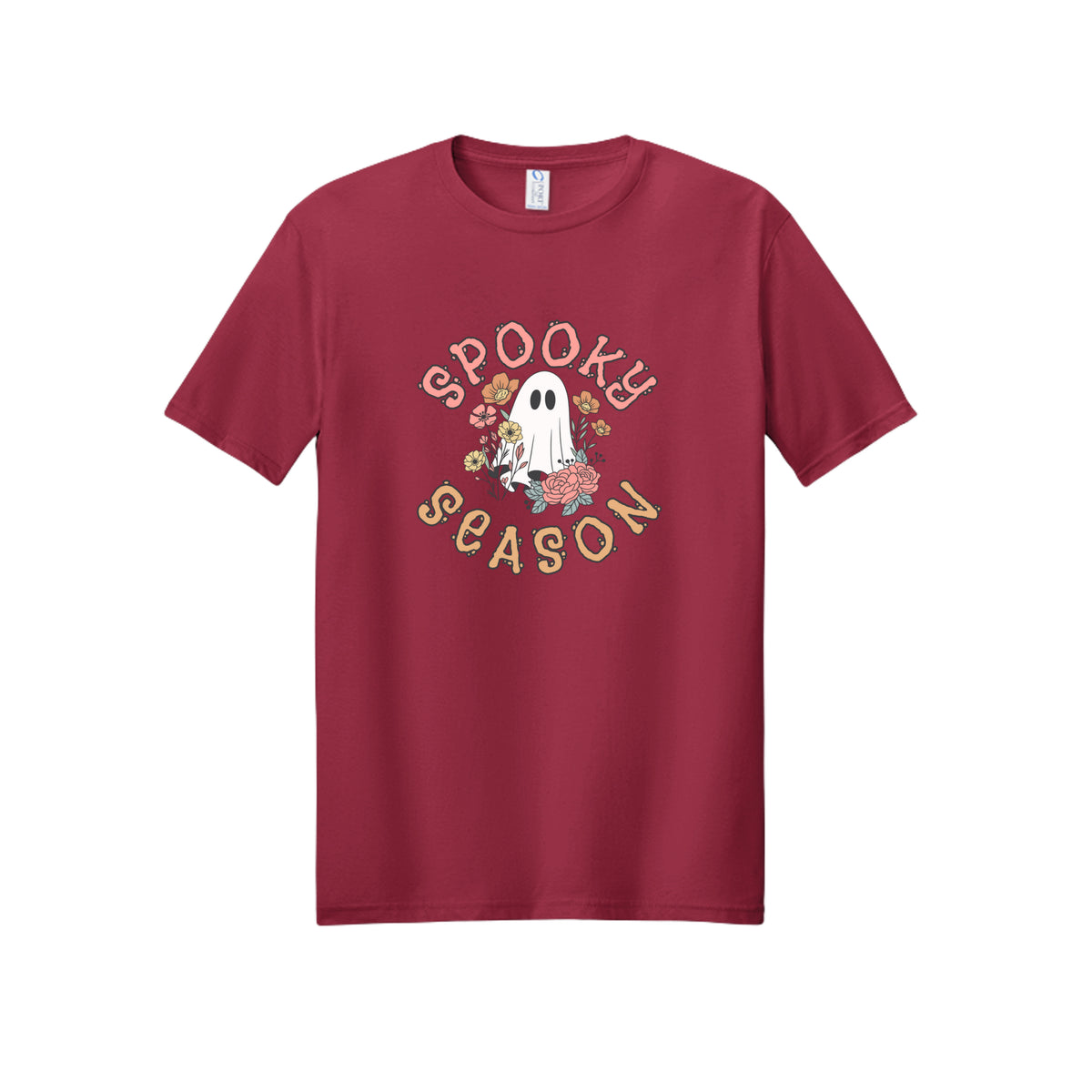 Front view of a red short-sleeve T-shirt showing Spooky Season lettering around a white ghost surrounded by pink, orange, and yellow flowers.