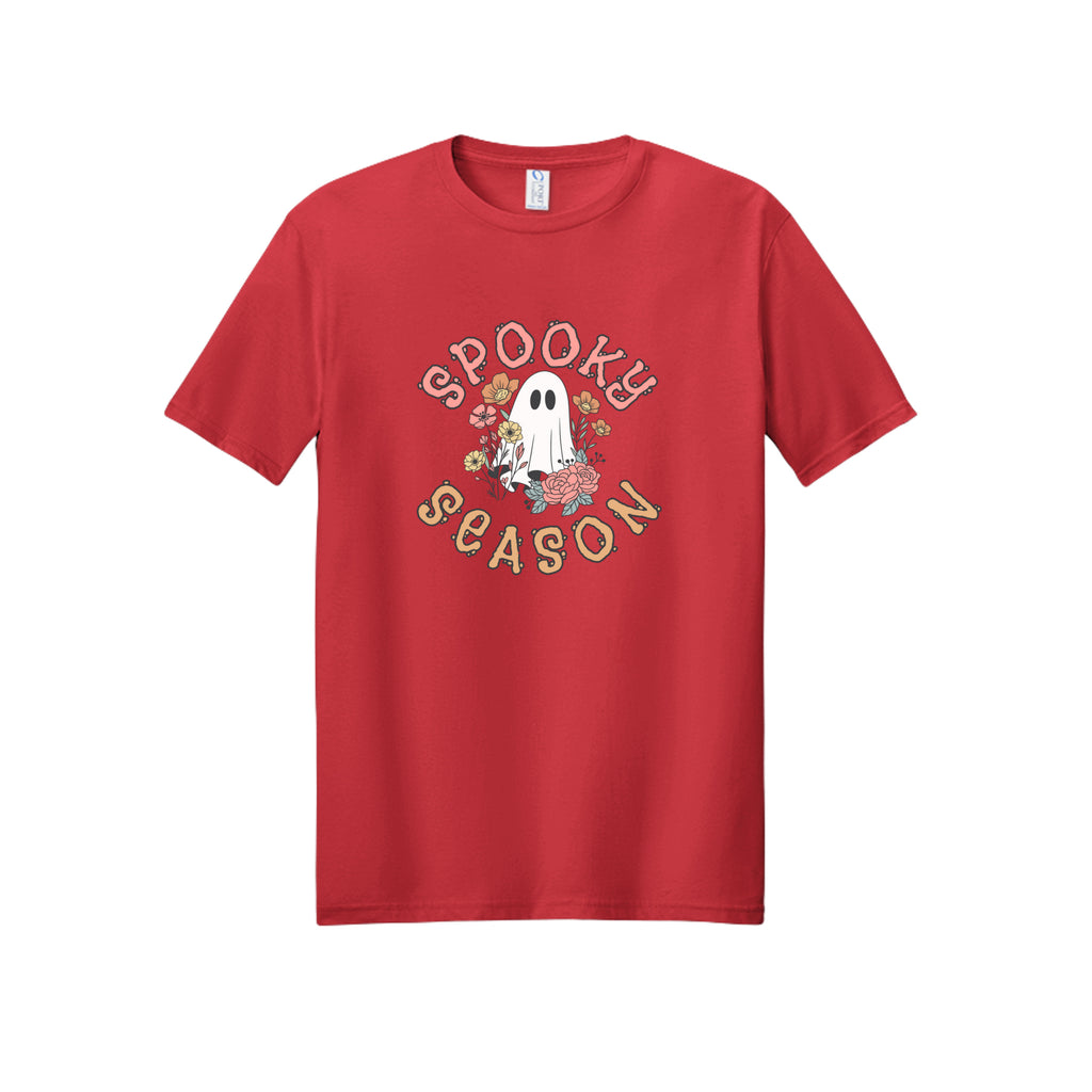 Front view of a red short-sleeve T-shirt showing Spooky Season lettering around a white ghost surrounded by pink, orange, and yellow flowers.