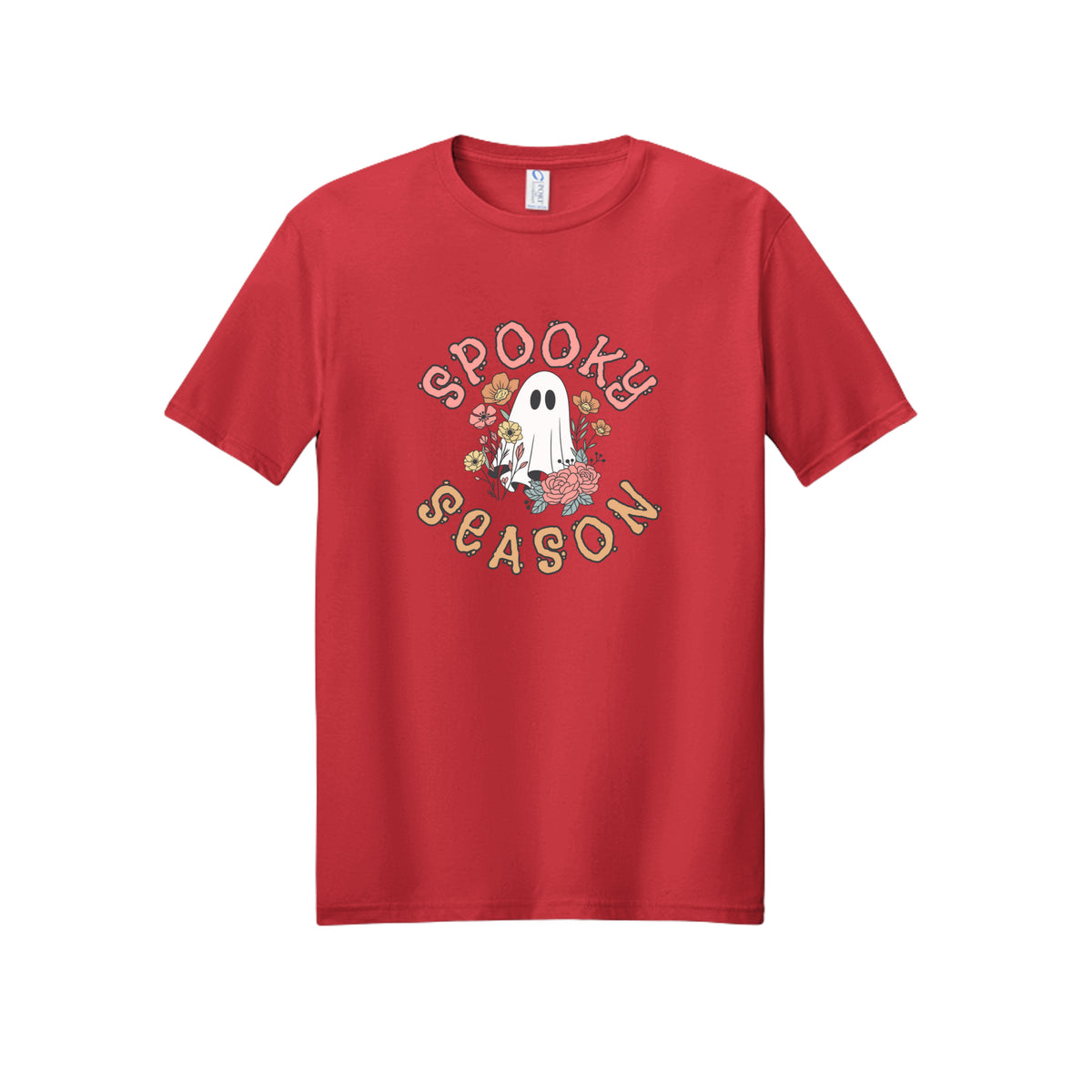 Front view of a red short-sleeve T-shirt showing Spooky Season lettering around a white ghost surrounded by pink, orange, and yellow flowers.