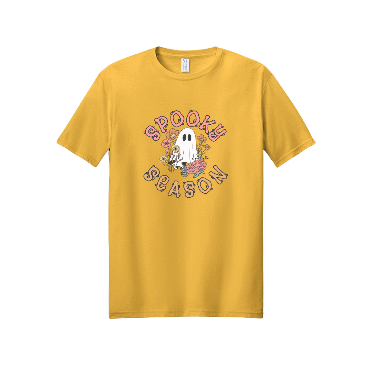 Front view of a gold short-sleeve T-shirt showing Spooky Season lettering around a white ghost surrounded by pink, orange, and yellow flowers.