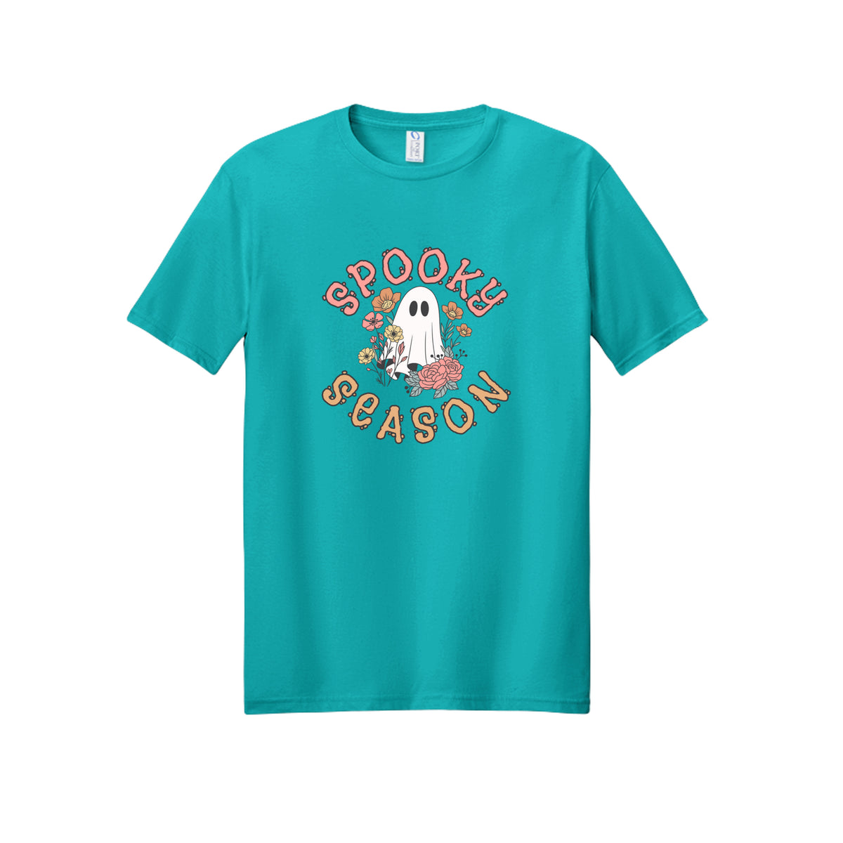 Front view of a teal short-sleeve T-shirt showing Spooky Season lettering around a white ghost surrounded by pink, orange, and yellow flowers.