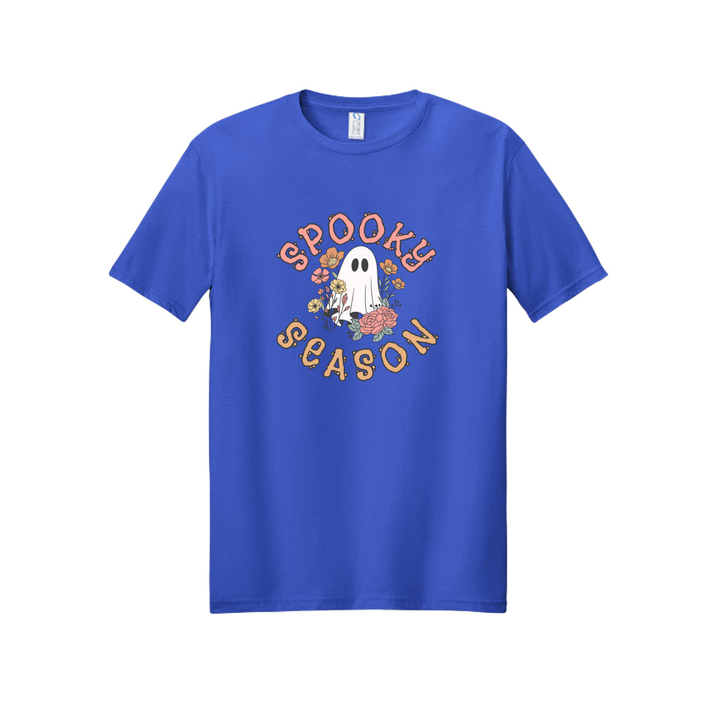 Front view of a blue short-sleeve T-shirt showing Spooky Season lettering around a white ghost surrounded by pink, orange, and yellow flowers.