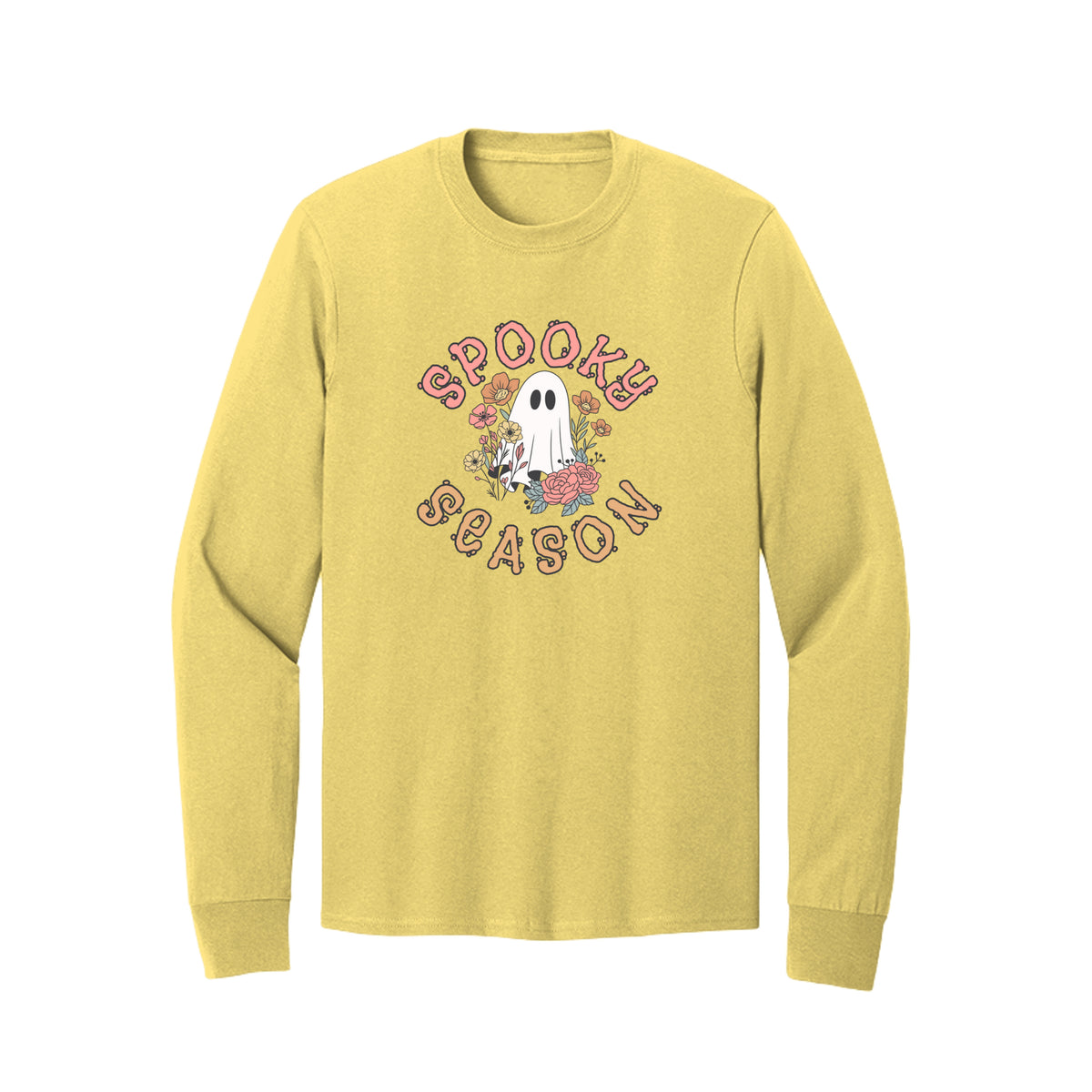 Front view of a yellow long-sleeve T-shirt showing Spooky Season lettering around a white ghost surrounded by pink, orange, and yellow flowers.