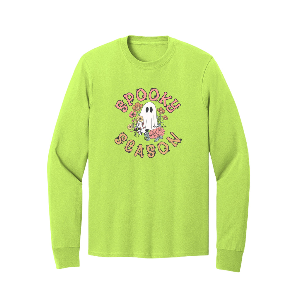 Front view of a lime long-sleeve T-shirt showing Spooky Season lettering around a white ghost surrounded by pink, orange, and yellow flowers.