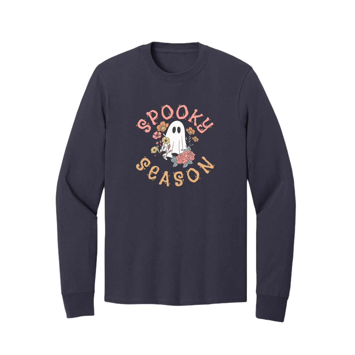 Front view of a navy long-sleeve T-shirt showing Spooky Season lettering around a white ghost surrounded by pink, orange, and yellow flowers.
