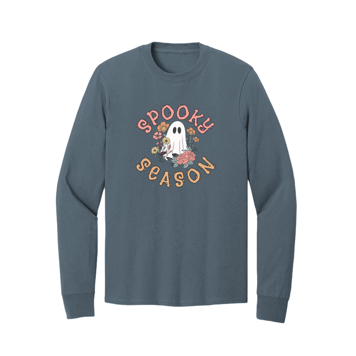 Front view of a blue long-sleeve T-shirt showing Spooky Season lettering around a white ghost surrounded by pink, orange, and yellow flowers.